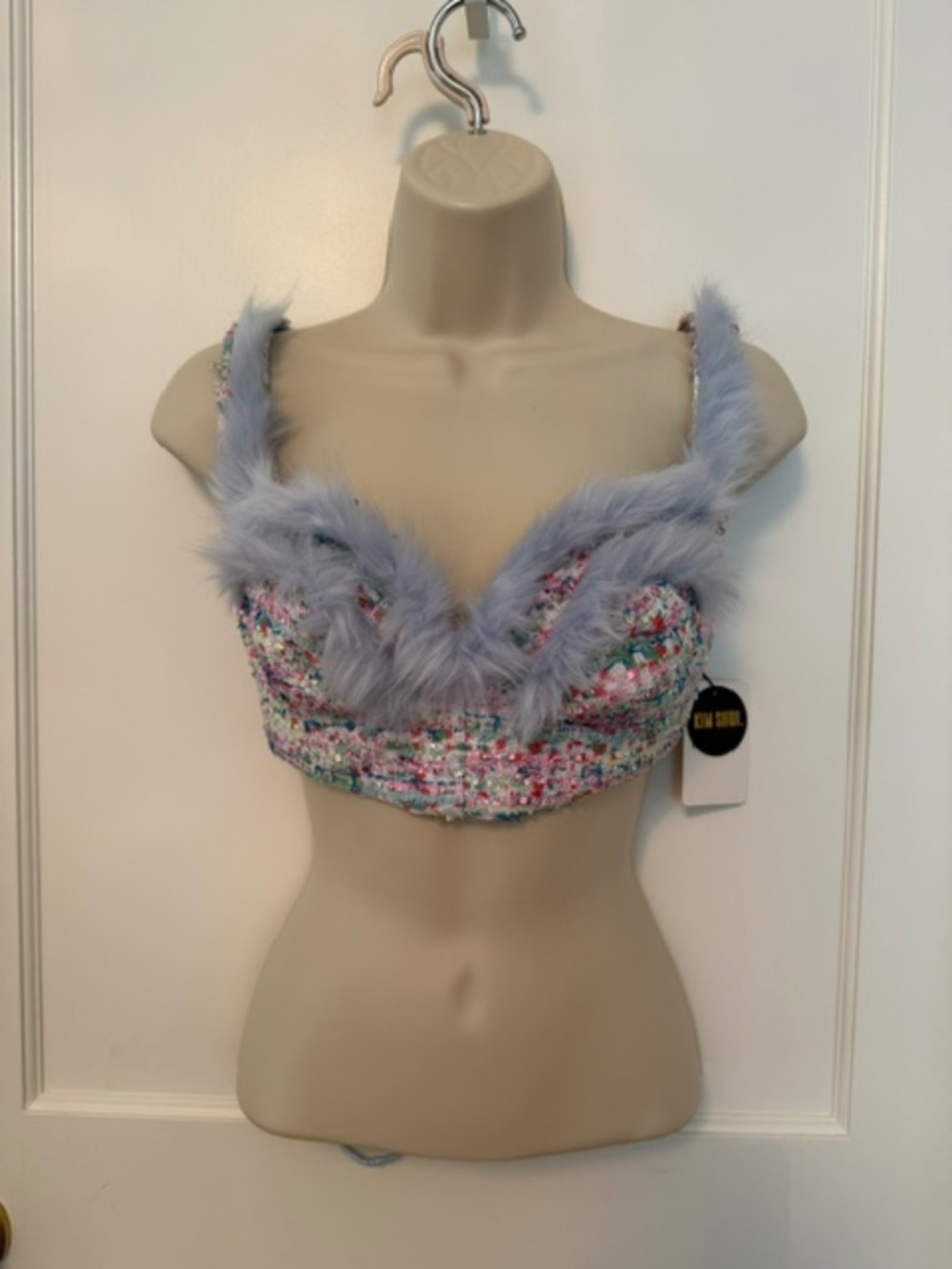 KIM SHUI Multicolor Tweed Faux Fur Trim Bustier Corset Crop Top NWT